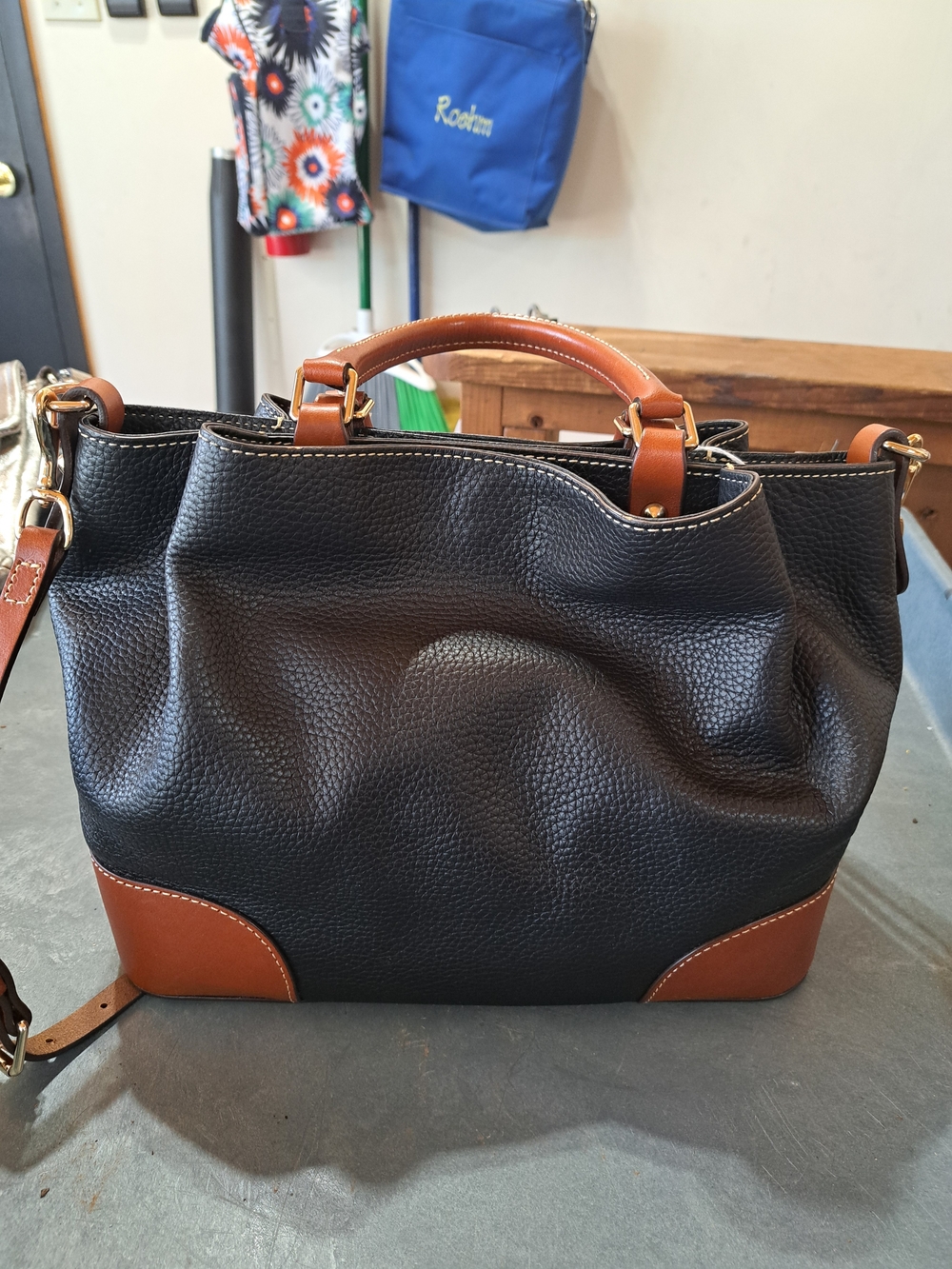 Dooney & Bourke Black and Brown Pebbled Leather Tote with Gold Accents - Picture 2 of 5